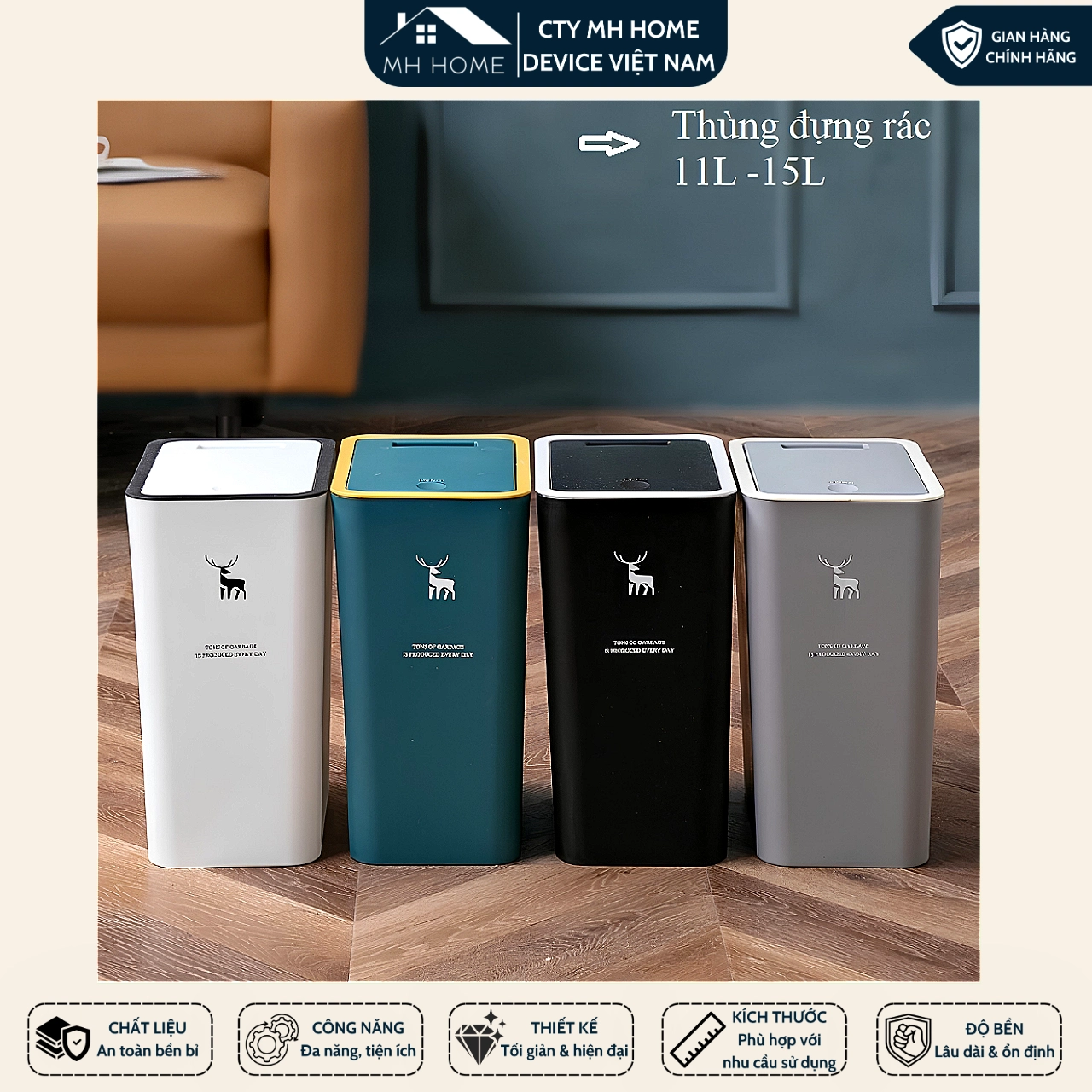 Thùng Rác 15L Nắp Bật Hình Hươu Nhựa PP Cao Cấp, Thiết Kế Nhấn Nút Tiện Lợi, Nhỏ Gọn Tiết Kiệm Không Gian Cho Gia Đình